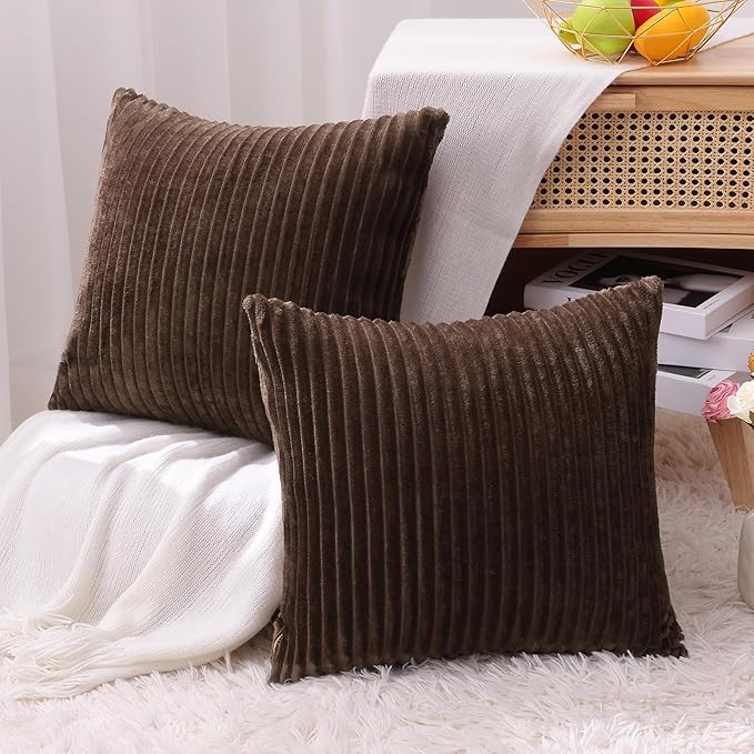 Simmore Decorative Throw Pillow Covers 22x22 Set of 2, Soft Natural Plush Flannel Double-Sided Fluffy Couch Pillow Covers for Sofa Living Room, Brown