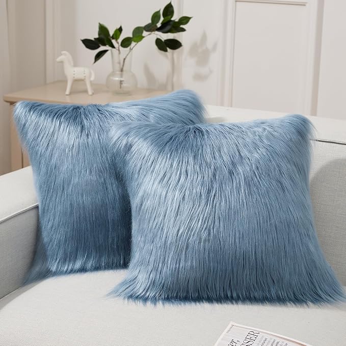 Phantoscope Pack of 2 Faux Fur Throw Pillow Covers Cushion Covers Luxury Soft Decorative Pillowcase Fuzzy Pillow Covers for Bed/Couch, Dusty Blue 26 x 26 Inches