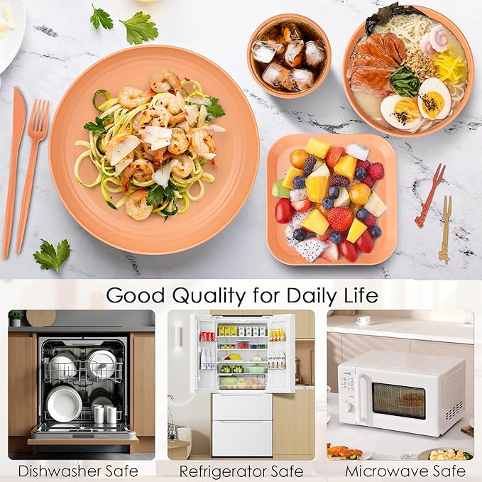 49 Pcs Dinnerware Sets for 4 People, Unbreakable Plates and Bowls Sets with Storage Box, Reusable Dinnerware Sets, Camping School Home Party Cutlery Set, Dishwasher Microwave Safe