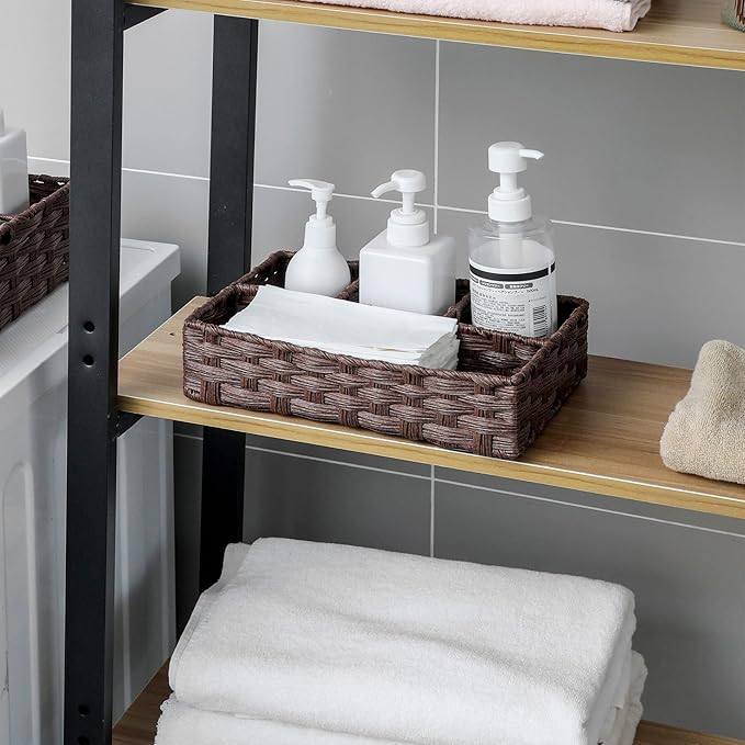 Toilet Tank Topper Paper Basket Multiuse Hand Woven Plastic Wicker Basket Bins with Divider for Shelves Rustic Farmhouse Bathroom Decor Countertop Organizer Storage