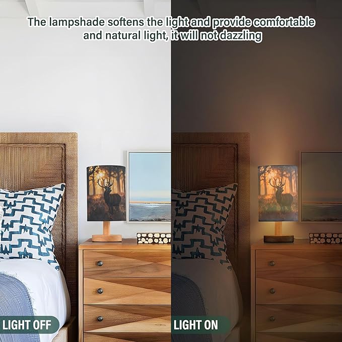 Table Lamp Deer in Sunrise Forest Nightstand Lamp with Wood Base Fabric Lamp Shade Bedside Desk Lamp for Living Room Bedroom Kids Room Office