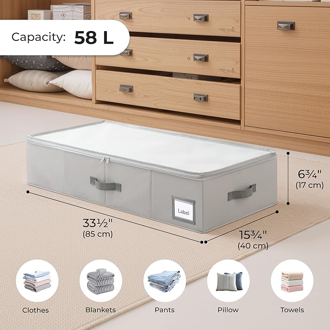 Cupic Cupid Under Bed Storage Containers, Foldable Organizer with Lid for Bedroom, Underbed Storage Box for Blankets, Clothes, Shoes, 2 Pack, Grey