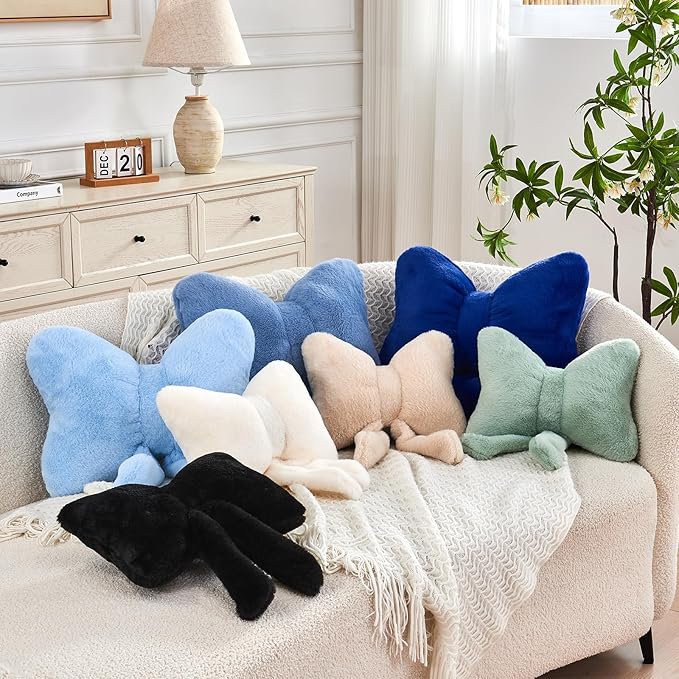 Black Bow Pillow, Soft Bow Decorative Pillows with Faux Rabbit Fur, Cute 12" Bow Throw Pillows, Aesthetic Home Decor Bow Shaped Plush Pillow for Bedroom Sofa Couch
