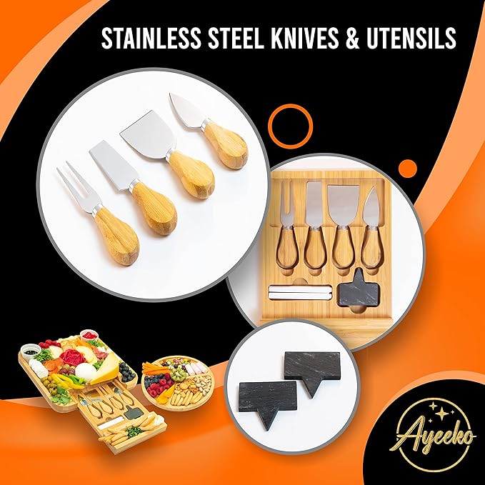 AYEEKO Bamboo Cheese Board & Knife Set, Wooden Charcuterie Board & Tray, House Warming Gift for Holidays, Birthdays, Bridal Showers, Anniversaries & Weddings