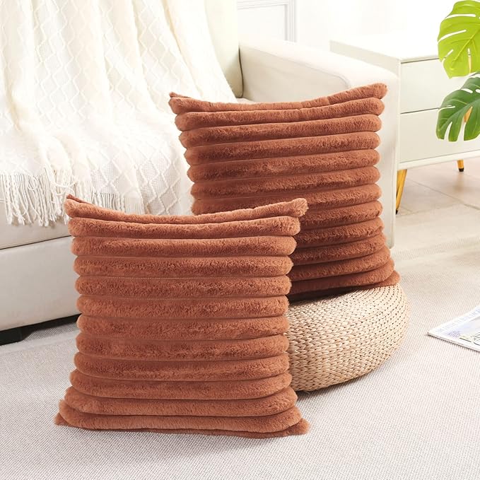 FUTEI Brown Striped Decorative Throw Pillow Covers 14x14 Inch Set of 2,Square Winter Decorations Couch Pillow Case,Soft Cozy Faux Rabbit Fur & Velvet Back,Modern Home Decor for Bed