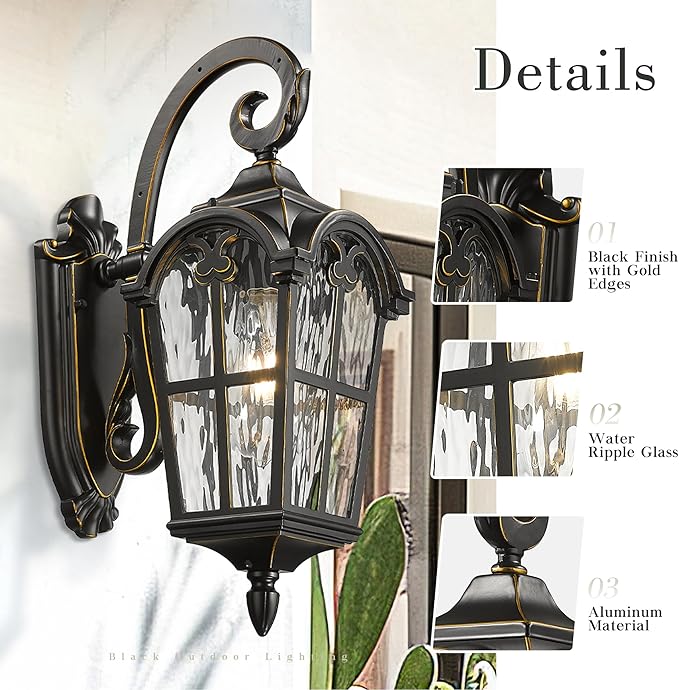 Emliviar Vintage Outdoor Lighting Fixture Wall Sconces with Water Ripple Glass, 17.5" Front Porch Wall Lantern, Black Finish with Gold Edges, WE215B-SW BG