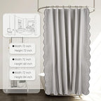 Grey Scalloped Edge Shower Curtain Linen Textured with 12 Metal Hooks Cute Heavy Duty Washable Waterproof Neutral Thick Extra Long Shower Curtain Sets for Hotel Bathroom 72x84 inches