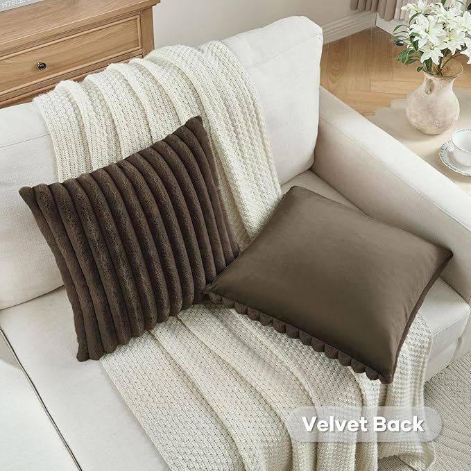 FUTEI Dark Coffee Striped Decorative Throw Pillow Covers 18x18 Inch Set of 2,Square Winter Decorations Couch Pillow Case,Soft Cozy Faux Rabbit Fur & Velvet Back,Modern Home Decor for Bed