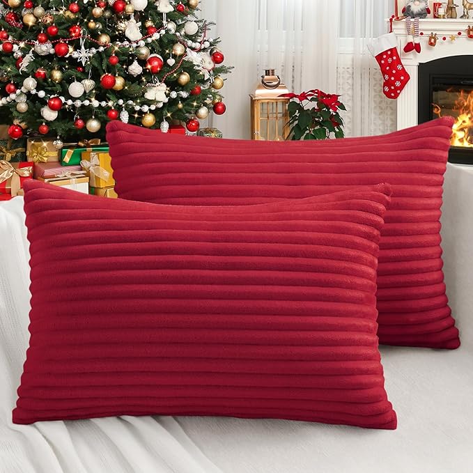 Simmore Decorative Fall Throw Pillow Covers 12x20 Set of 2, Soft Natural Plush Flannel Double-Sided Fluffy Lumbar Pillow Covers for Couch Sofa Living Room, Red