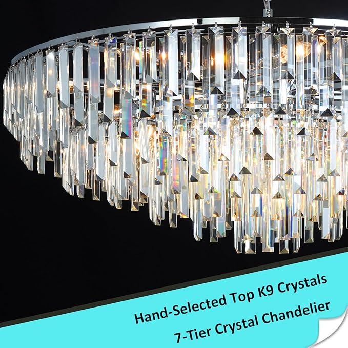 Chrome Crystal Chandelier for Dining Room, 40" Modern Round Luxury Chandeliers 7-Tier 17 Lights Large Adjustable Height Ceiling Hanging Pendant Light Fixture for Living Room Bedroom Foyer