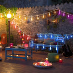 50FT RGB Solar Outdoor String Lights with Remote, Dimmable Waterproof Patio Lights with 15 LED Bulbs for Deck Balcony Cafe Party-White Cord