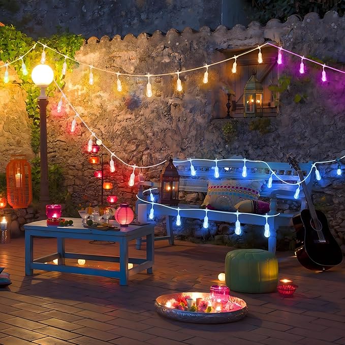 50FT RGB Solar Outdoor String Lights with Remote, Dimmable Waterproof Patio Lights with 15 LED Bulbs for Deck Balcony Cafe Party-White Cord