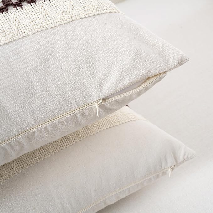Fancy Homi Set of 2 Boho Brown Decorative Throw Pillow Cover 22x22 Inch for Couch Bed Sofa, Aesthetic Modern Organic Farmhouse Home Decor, Soft Cotton Cute Accent Macrame Woven Cushion Case