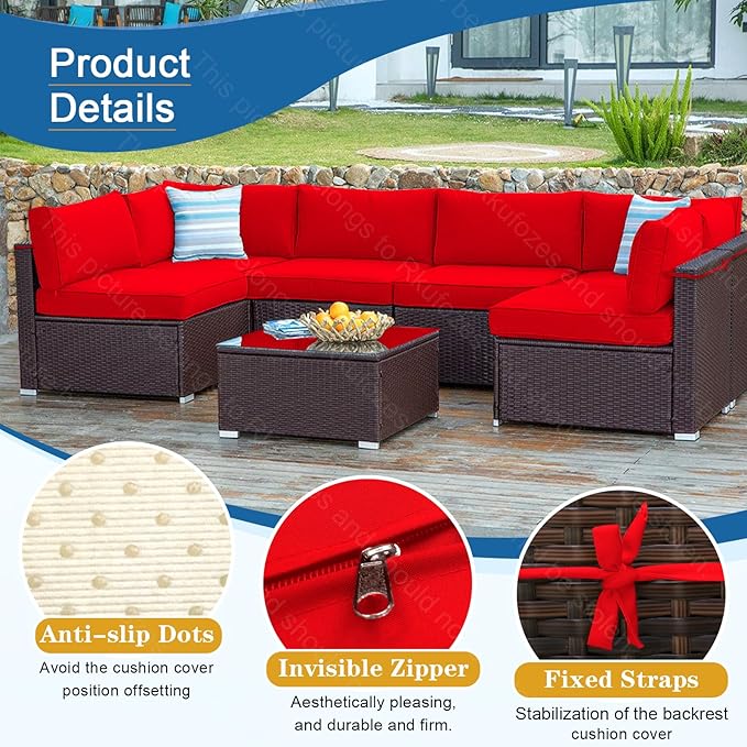 14 PCs Patio Cushion Covers for 7 PCs Outdoor Furniture Sectional Seating Sets Water Resistant Plus 2 Throw Pillows (Red, 24.8(L)*24.8(W)*3.14(T) inches)