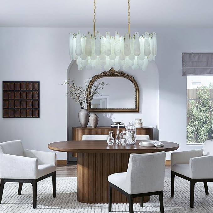 Alabaster Rectangle Chandelier, 40'' 76 PCS Natural Spanish Marble Linear Chandelier for High Ceiling, 4-Tiers Modern Luxury Large Brass Chandeliers for Dining Room, Kitchen Island (Bulbs Included)