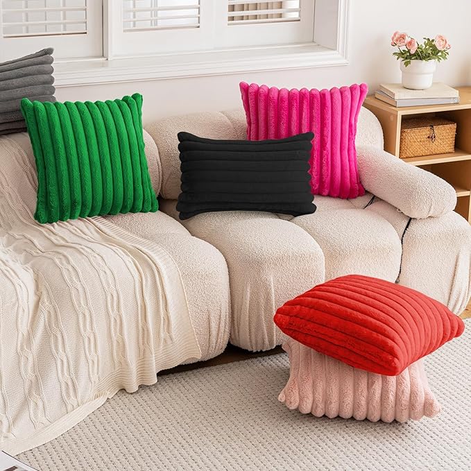 Christmas Dark Green Faux Fur Plush Throw Pillow Covers 22x22 Set of 2 Fuzzy Striped Soft Cozy Pillowcase Luxury Decorative Pillows Square Fluffy Cushion Covers for Couch Sofa Bed