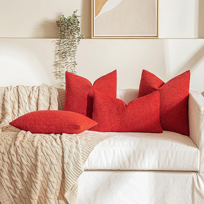 MIULEE Textured Boucle Throw Pillow Cover Christmas Red Accent Solid Lumbar Pillow Case Decorative Soft Pack of 1 Couch Cushion Chair Sofa Bedroom Livingroom Home Decor,12x20 Inch