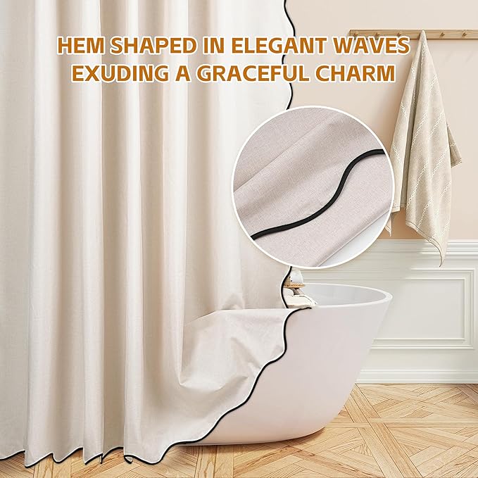 Beige Scalloped Edge Shower Curtain Linen Textured with 12 Metal Hooks Cute Chic Heavy Duty Washable Waterproof Neutral Thick Shower Curtain Sets for Hotel Bathroom 72x72 inches