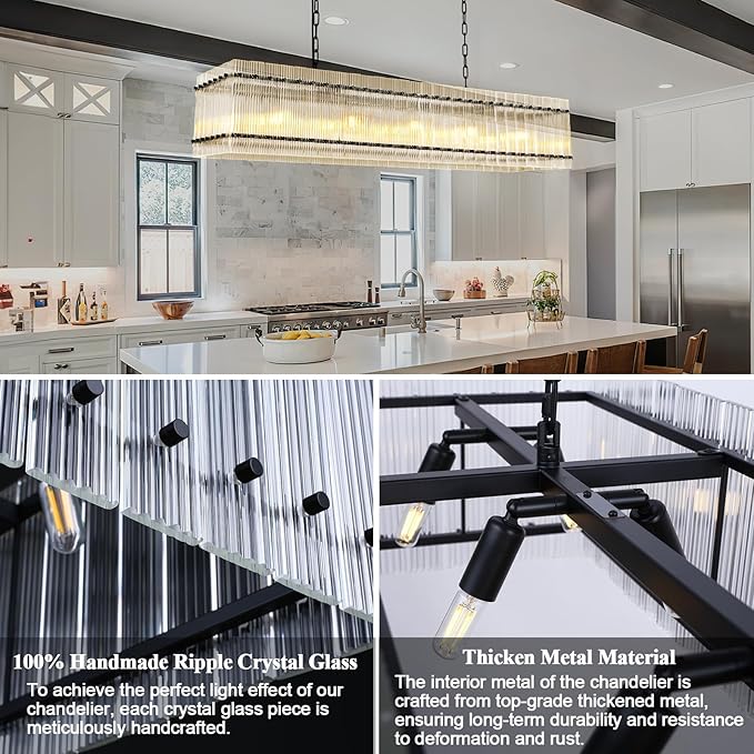 55 Inch Modern Rectangular Black Crystal Glass Chandeliers, Dining Room Chandeliers, for Living Room、Kitchen Island、Foyer, Water Ripple Chandelier, Adjustable Hanging Chandelier