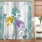 Rustic Farmhouse Shower Curtain, Farm Teal Daisy Floral Flowers and Butterfly on Country Wooden Shower Curtain for Bathroom, Turquoise Blue Bathroom Shower Curtains with 6PCS Hooks, 36X70IN