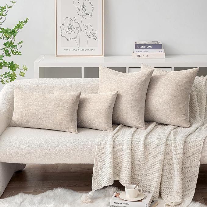 MIULEE Pack of 2 Couch Throw Pillow Covers 12x20 Inch Soft Light Brown Chenille Pillow Covers for Sofa Living Room Solid Dyed Pillow Cases