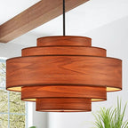 Farmhouse 26" Large Drum Wooden Chandelier Vintage 6-Lights Chandelier with Wooden Finish Linen Shade Retro Drum Chandeliers for Dining Room, Kitchen Island, Living Room, Bedroom