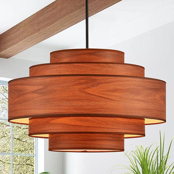 Farmhouse 26" Large Drum Wooden Chandelier Vintage 6-Lights Chandelier with Wooden Finish Linen Shade Retro Drum Chandeliers for Dining Room, Kitchen Island, Living Room, Bedroom