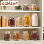 ComSaf Airtight Glass jar with lid 25oz Set of 6, Glass Storage Containers with Lids, Glass Canister, Mason Jars, Striped Clip Fastening Jar for Kitchen Canning, Oat, Coffee, Pasta, Snack, Nut, Candy
