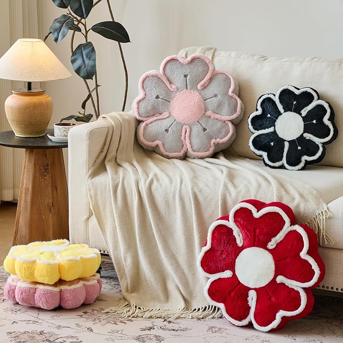 Flower Shaped Decorative Throw Pillow Cushion for Bed Couch, Cute Flower Plush Throw Pillows Home Decor Floor Pillow Seating Cushions (Grey, 13.7 Inches)