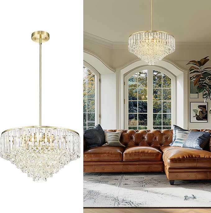 20'' Gold Crystal Chandelier,7-Tier Vintage Hanging lamp, Chandeliers for Dining Room Kitchen Island Bedroom Entryway, CC4215-7W-PG