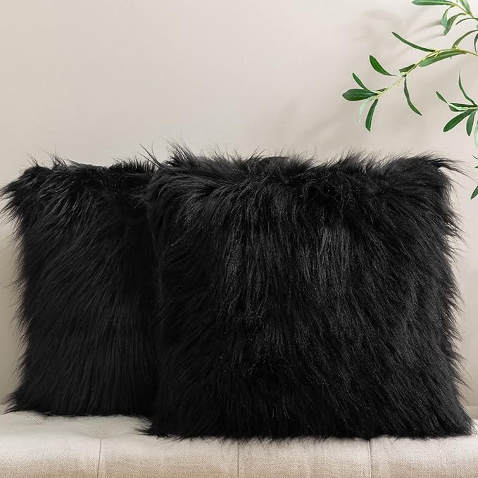 Phantoscope Pack of 2 Faux Fur Solid Throw Decorative Pillow Cover Cushion Covers Luxury Soft Decorative Pillowcase Fuzzy Pillow Covers for Bed/Couch,Black 20 x 20 Inches