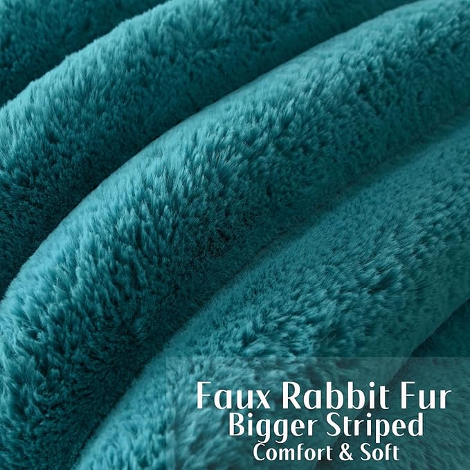 FUTEI Teal Decorative Throw Pillow Covers 24x24 Inch Set of 2, Square Soft Faux Rabbit Fur Big Striped Pillow Sham,Home Decor for Couch Sofa Bed Living Room