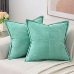 HAUSSY Turquoise Decorative Throw Pillow Covers 24x24 Inch Set of 2,Soft Solid Corduroy Striped Cushion Case,Square Euro Pillow Shams,Winter Home Decorations for Couch,Bed
