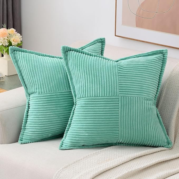 HAUSSY Turquoise Throw Pillow Covers 22x22 Inch Set of 2, Soft Corduroy Solid Striped,Square Decorative Cushion Case,Winter Home Decorations for Couch,Bed