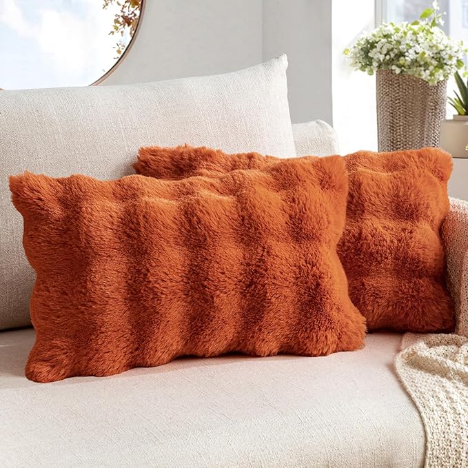MIULEE Pack of 2 Decorative Pillow Covers Fall Thick Soft Plush Faux Fur Lumbar Throw Pillows Luxury Home Decor for Couch Bedroom Living Room Sofa,12x20 Inch Rust