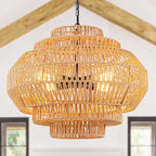 23.6-in Rattan Chandelier Boho Pendant Light Fixture Dinning Room Chandelier Boho Hanging Light Large Basket Light Woven Rattan Pendant Light for Kitchen Island Bedroom Farmhouse Living Room