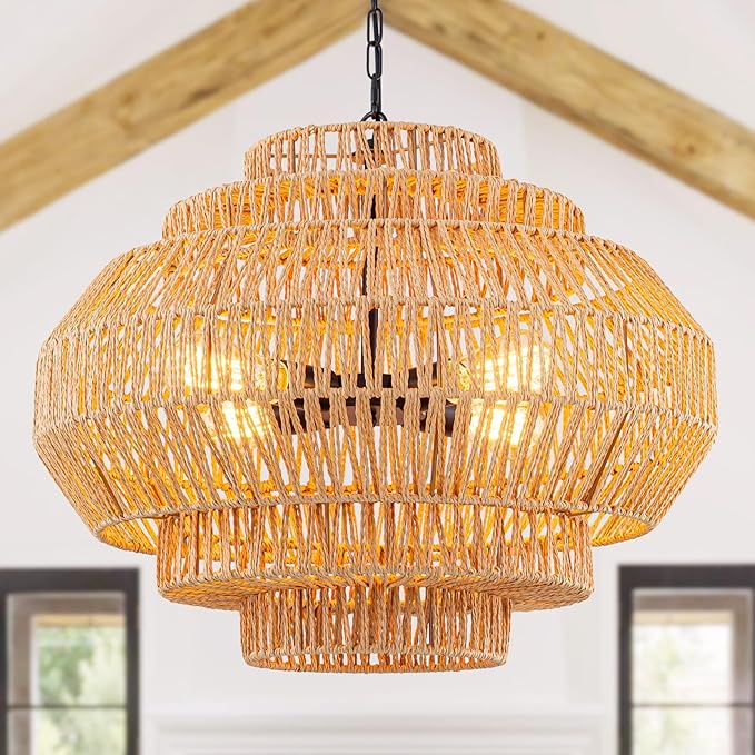 23.6-in Rattan Chandelier Boho Pendant Light Fixture Dinning Room Chandelier Boho Hanging Light Large Basket Light Woven Rattan Pendant Light for Kitchen Island Bedroom Farmhouse Living Room