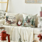 AVOIN colorlife Merry Christmas Trees Reindeer Snowflake Throw Pillow Covers, 16 x 16 Inch Xmas Red Berries Hello Winter Holiday Cushion Case Decoration for Sofa Couch Set of 4