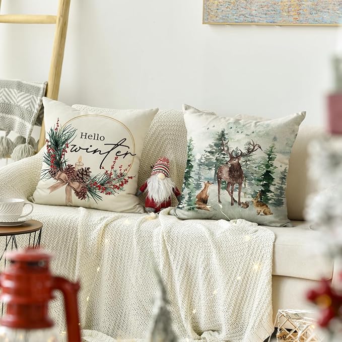 AVOIN colorlife Merry Christmas Trees Reindeer Snowflake Throw Pillow Covers, 16 x 16 Inch Xmas Red Berries Hello Winter Holiday Cushion Case Decoration for Sofa Couch Set of 4