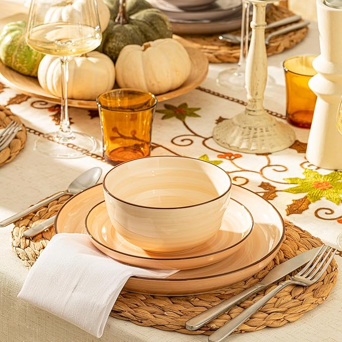 Sweese Plates and Bowls Sets, 18 Piece Dinnerware Set Porcelain Round Dinner Set for 6, Scratch Resistant Dishes Set, Dishwasher and Oven Microwave Safe Handpainted Swirl Dishware Sets, Neutral