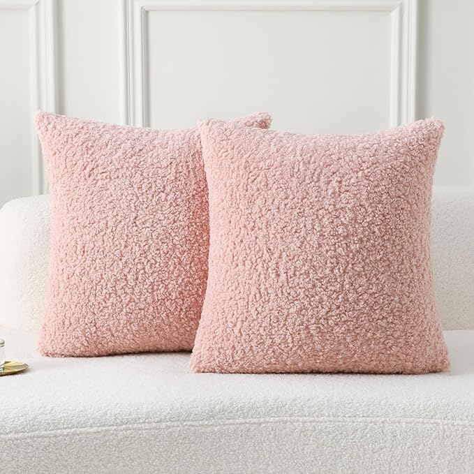 FUTEI Pink Throw Pillow Covers 24x24 Inch Set of 2,Furry Faux Fur Teddy Boucle Textured Cushion Covers,Soft Fluffy European Pillow Shams,Home Decor for Couch Bed Living Room Office Car
