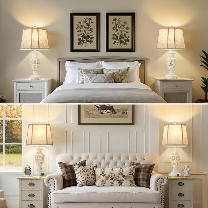 Lamps for Night Stands Set of 2-23.5" Boho Bedside Lamp with USB A+C and Nightlight - Cream Rustic Carved Resin Farmhouse Table Lamp for Bedrooms, End Tables, Living Room, Bulbs Included