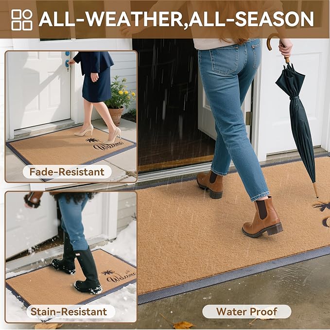 Dirt Trapping Outdoor Welcome Mats, 17x30 Durable Non-Slip Door Mat Outside Entrance, Low Profile Easy Clean Doormat for Patio Porch Front Indoor Entryway, Brown