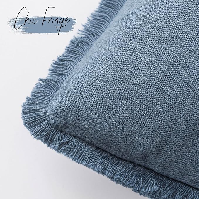 Foindtower Set of 2 Decorative Linen Fringe Lumbar Throw Pillow Covers Boho Farmhouse Cushion Cover with Tassels Soft Accent Pillowcase for Couch Sofa Bed Living Room Home Decor,12×20 Inch,Misty Blue
