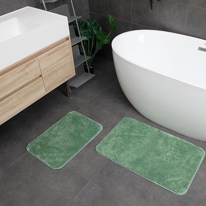 Acsploer Microfiber Bathroom Rugs and Mats Sets 2 Piece,Non-Slip Bath Rugs, Machine Washable Absorbent Bath Mats for Bathroom Floor, Shower (Green, 16''x24'' Plus 20''x32'')
