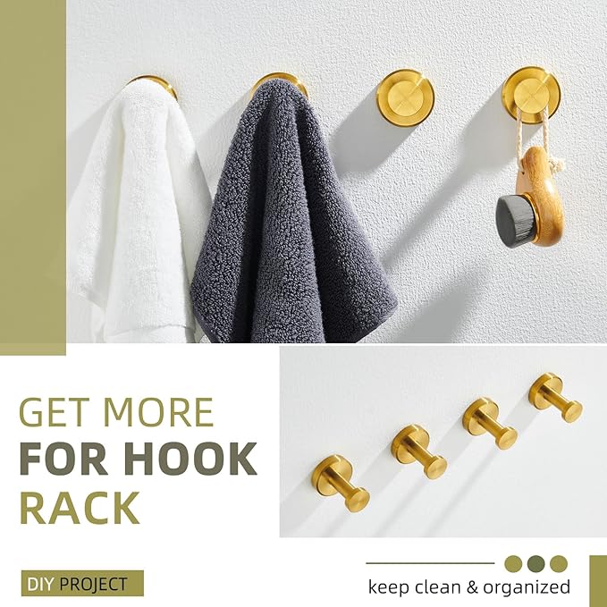 Angle Simple Robe and Towel Hook, SUS304 Stainless Steel Bathroom Robe Hook, Small Towel Hanger for Wall or Cabinet, Brushed Gold