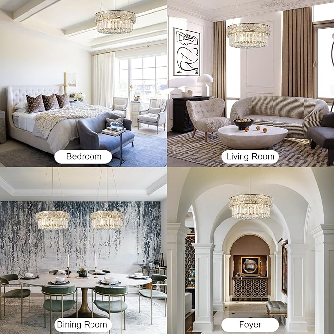 Crystal Chandelier, 16.5" 6-Light Small Chandelier for Living Room, Round Chandeliers for Bedroom Dimmable, Foyer Chandeliers for Entryway, Gold Ceiling Light Fixture Hanging Lights