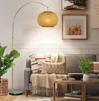 ALOADECOR 77" 1-Light Antique Bronze Arc Floor Lamp with Hand-Woven Bamboo Shade and Black Marble Base Farmhouse Rattan Floor Lamp for Living Room Dining Room Bedroom