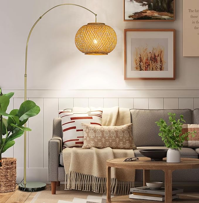 ALOADECOR 77" 1-Light Antique Bronze Arc Floor Lamp with Hand-Woven Bamboo Shade and Black Marble Base Farmhouse Rattan Floor Lamp for Living Room Dining Room Bedroom