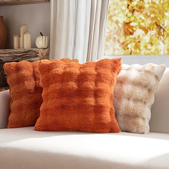 MIULEE Pack of 2 Decorative Pillow Covers Fall Thick Soft Plush Faux Fur Throw Pillows Luxury Home Decor for Couch Bedroom Living Room Sofa,18x18 Inch Burnt Orange